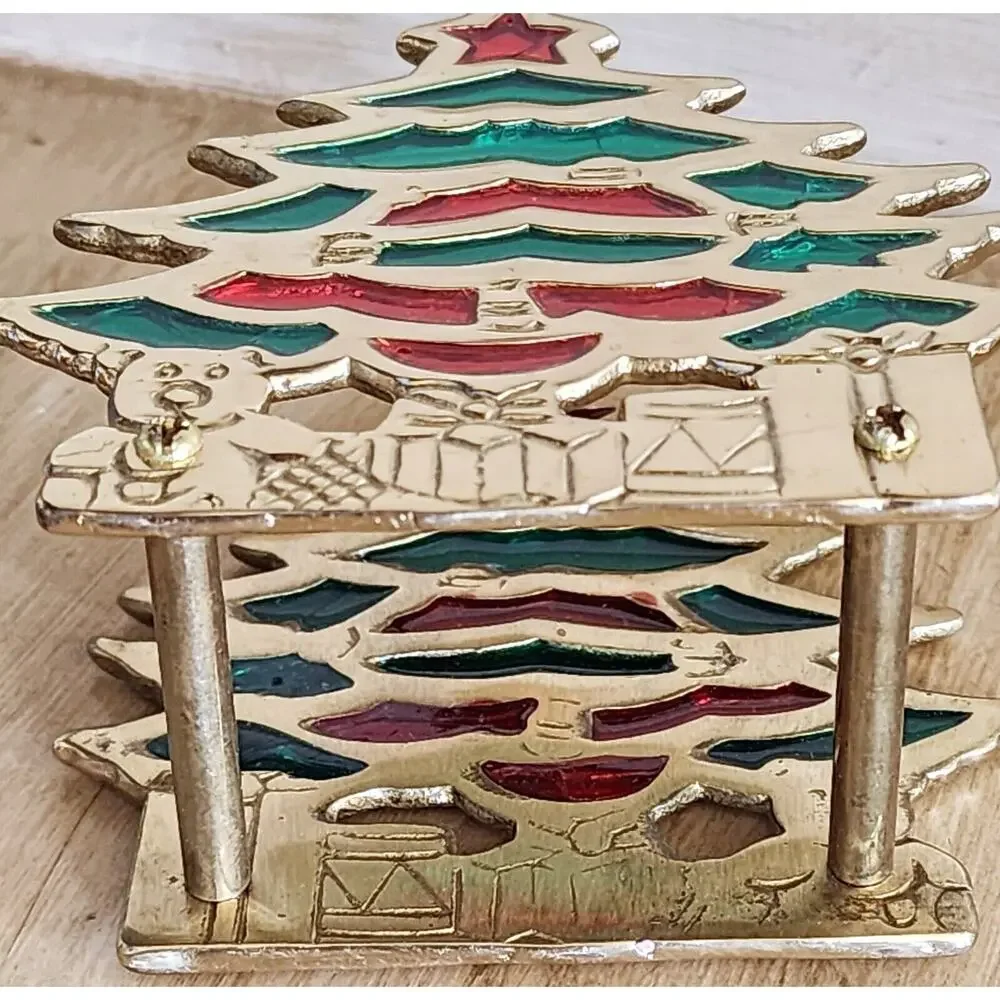 Vintage Christmas Tree Coasters Set of 6 Cork / Metal Trim See Pictures & Desc.